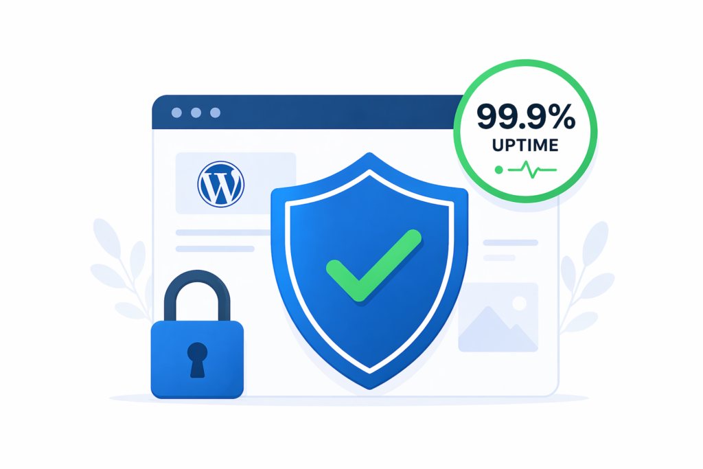 WordPress security shield with 99.9% uptime badge