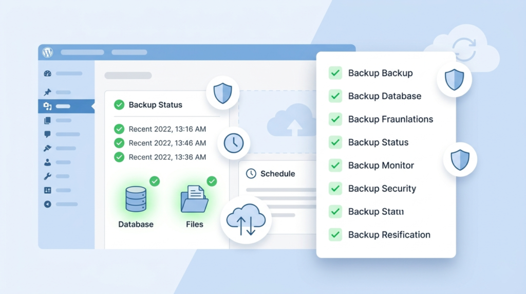 WordPress backup dashboard with syncs, cloud storage, and checklist.
.